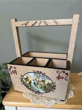 Vintage Wooden Caddy Hand-Painted with Floral Landscape Design Chinese Symbols